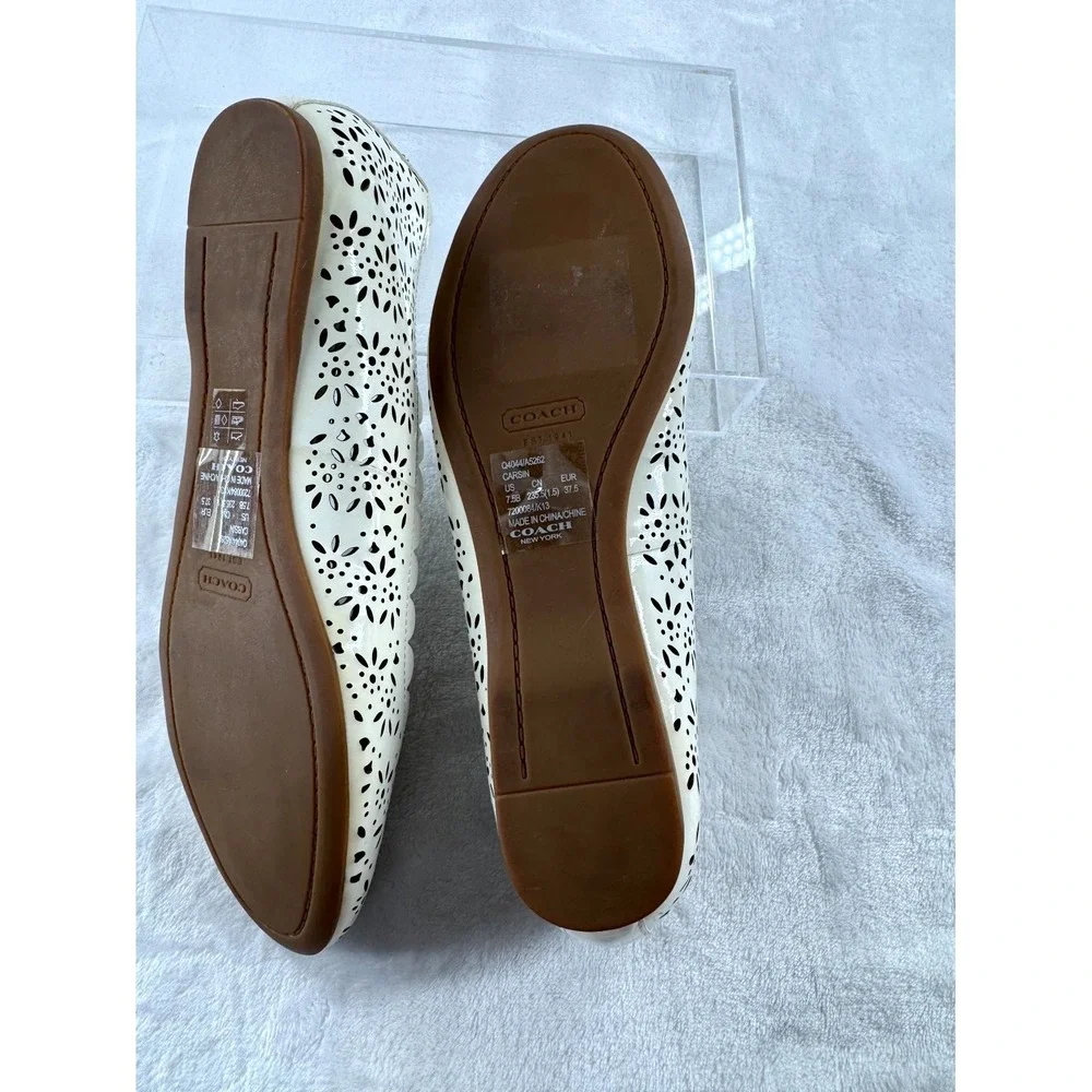 Coach Metallic Carsin Laser Cut Ballet Flats Women's 7.5b White Floral Round Toe